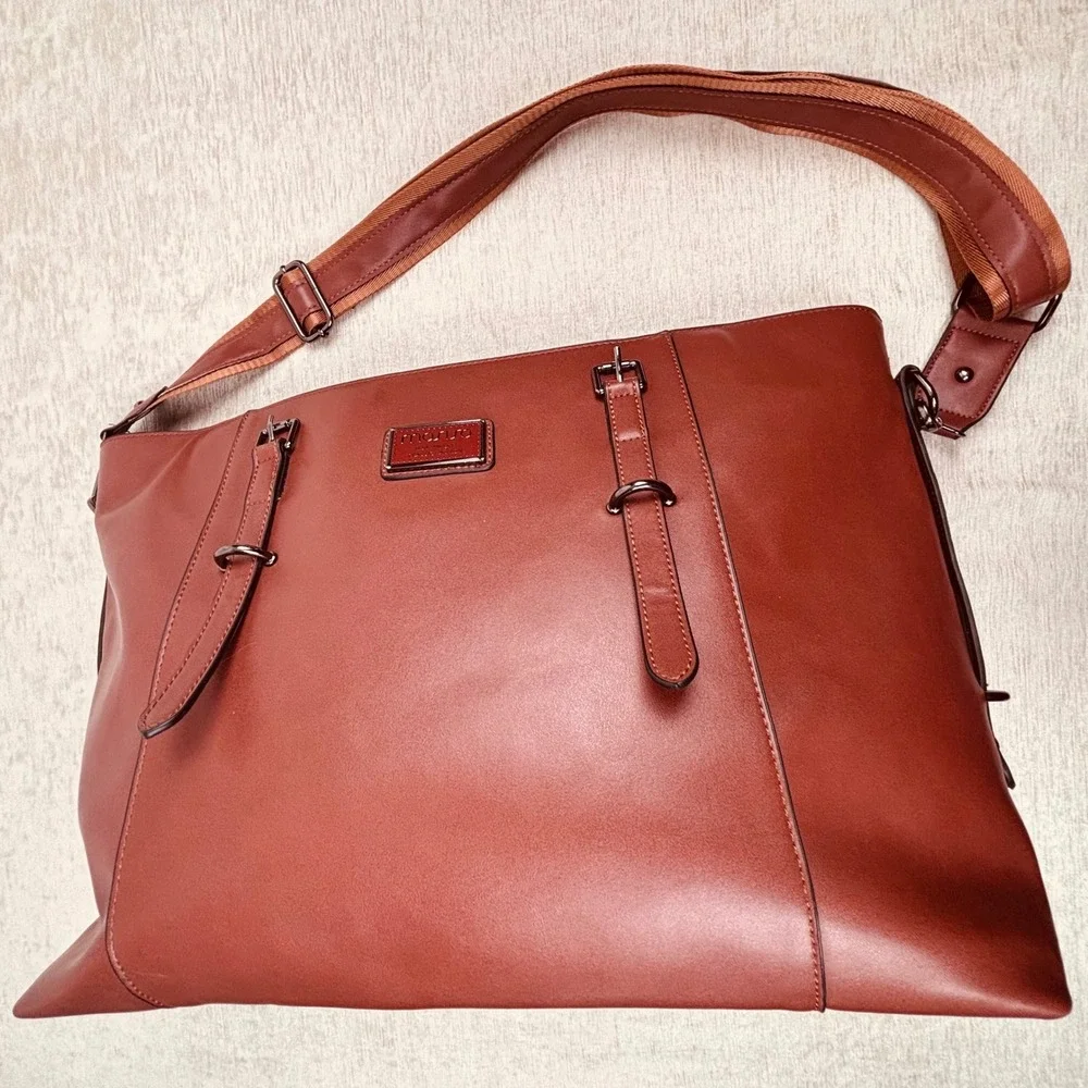 Mosiso Faux Leather Cognac Brown Laptop Bag Large Tote Straps Pockets 18